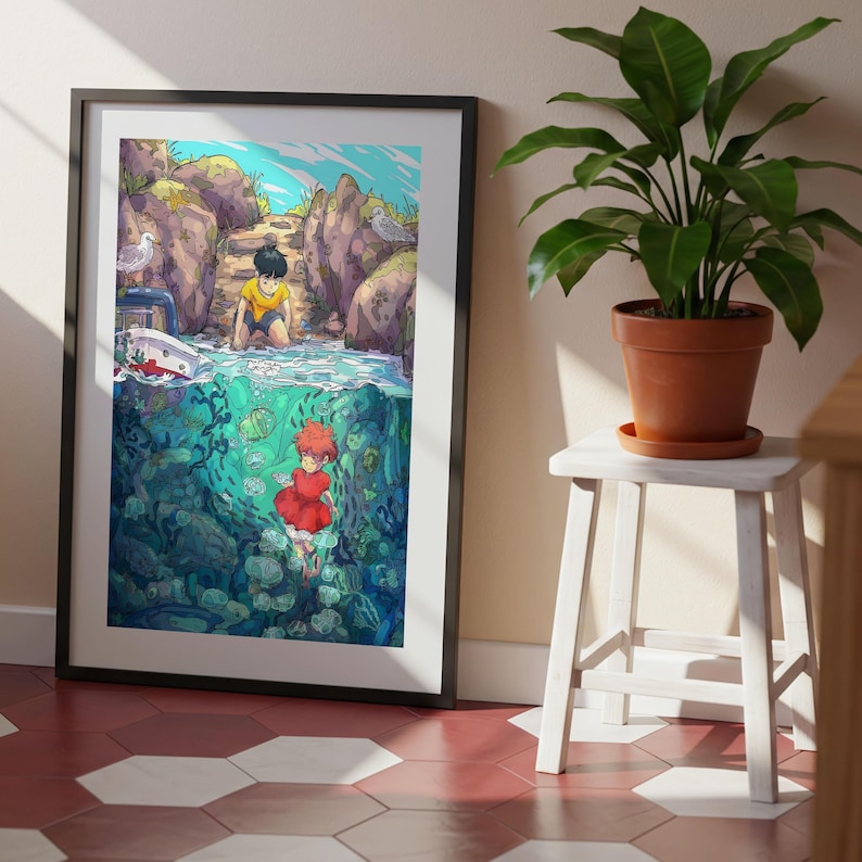 Ponyo (2008), póster ukiyo-e de Studio Ghibli, láminas de anime, láminas de películas retro vintage imagen 7