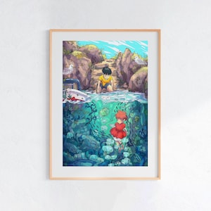 Ponyo (2008), póster ukiyo-e de Studio Ghibli, láminas de anime, láminas de películas retro vintage imagen 1