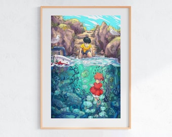 Ponyo (2008), poster Ukiyo-e dello Studio Ghibli, stampe artistiche di anime, stampe di film retrò vintage