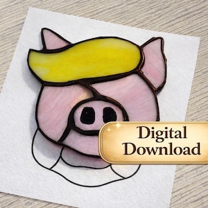 May include: A stained glass pig head with a yellow toupee and pink face. The pig has black eyes and a black outline. The words "Digital Download" are in a gold banner.
