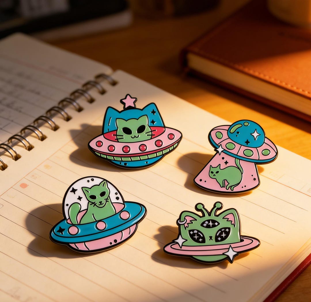 Alien Cat Enamel Pins: UFO Kitty Space Badge, Cartoon Galaxy Brooch - Etsy