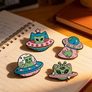 Puede incluir: Cuatro pines de esmalte con híbridos de gato y extraterrestre en OVNIs. Los pines tienen un estilo de dibujos animados con una paleta de colores rosa, azul, verde y blanco. Los pines están sobre un cuaderno con espiral.