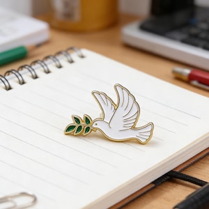 Dove Enamel Pin with Olive Branch – Minimalist Peace Bird Jewelry