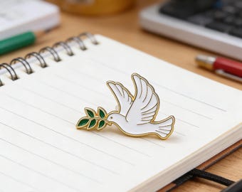 Dove Enamel Pin with Olive Branch – Minimalist Peace Bird Jewelry