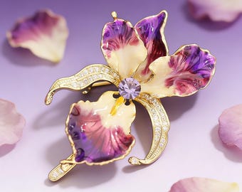 Orchid Flower Brooch, Crystal Enamel Pin, Purple Floral Vintage Jewelry