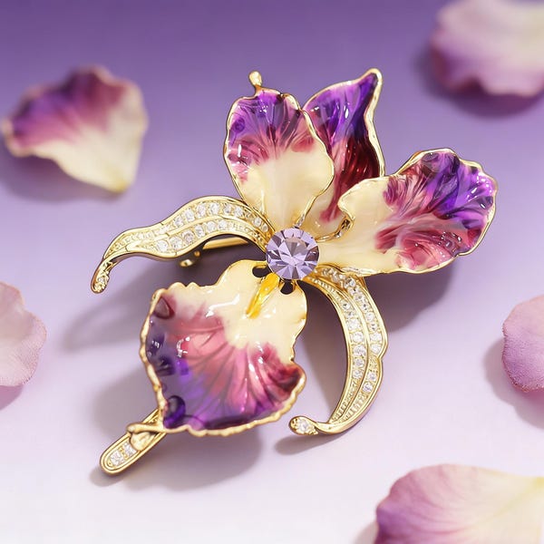 Orchid Flower Brooch, Crystal Enamel Pin, Purple Floral Vintage Jewelry