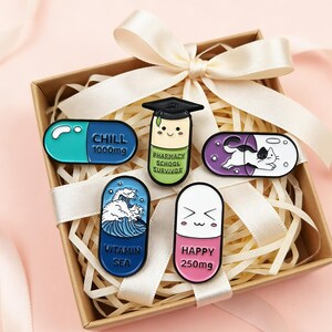 Enamel Pill Brooch Set, Pharmacy School Survivor Gift, Cartoon Capsule Jewelry image 13