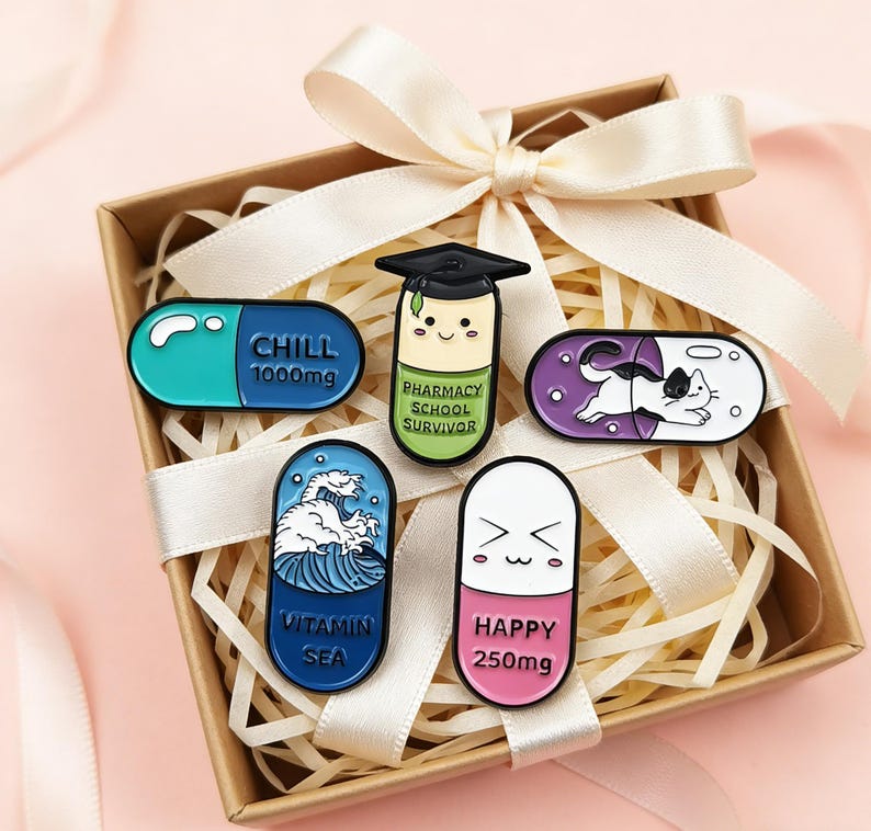 Enamel Pill Brooch Set, Pharmacy School Survivor Gift, Cartoon Capsule Jewelry image 13