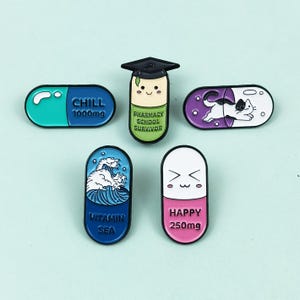 Enamel Pill Brooch Set, Pharmacy School Survivor Gift, Cartoon Capsule Jewelry image 3