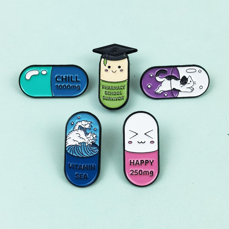 Enamel Pill Brooch Set, Pharmacy School Survivor Gift, Cartoon Capsule Jewelry image 3