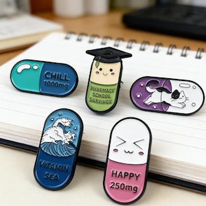 Enamel Pill Brooch Set, Pharmacy School Survivor Gift, Cartoon Capsule Jewelry image 1