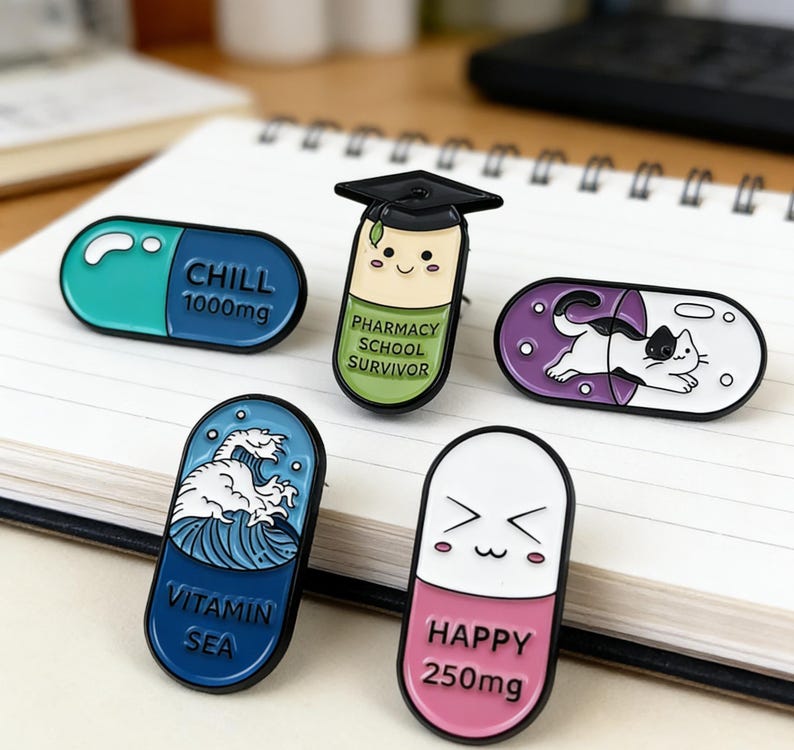 Enamel Pill Brooch Set, Pharmacy School Survivor Gift, Cartoon Capsule Jewelry image 1