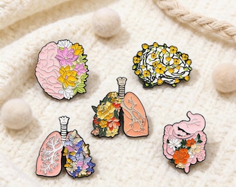 Floral Anatomy Enamel Pin, Botanical Brain Lungs Stomach Brooch, Science Art Gift