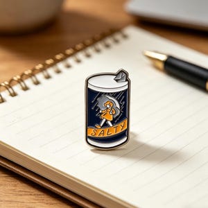 May include: A navy blue pin badge in the shape of a can, featuring a person with an umbrella in the rain. The word "SALTY" is in yellow. The person is wearing an orange coat.