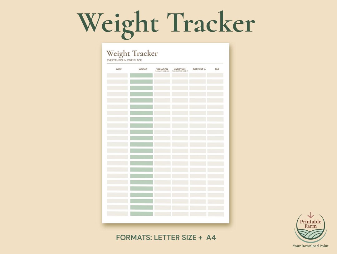 Minimalist Weight Tracker Printable | Weight BMI Body Fat Log | Instant ...
