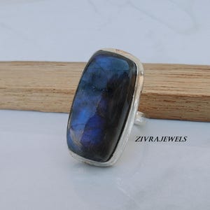 Labradorite Rectangular Gemstone Ring – 925 Sterling Silver – Unique Handmade Ring – Christmas Gift for Her