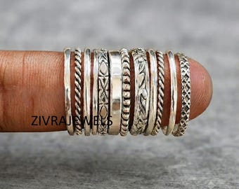 Sterling Silver Stackable Rings Set, 12 Boho Southwestern Bands