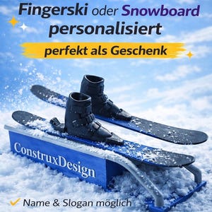 Könnte beinhalten: Schwarze Fingerski mit schwarzen Stiefeln, auf einer blauen Basis mit dem Text "ConstruxDesign". Der Text "Fingerski oder Snowboard personalisiert perfekt als Geschenk" ist ebenfalls vorhanden.