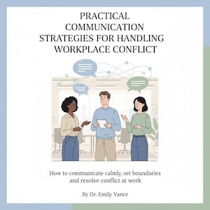 May include: An illustration for a book titled "Practical Communication Strategies for Handling Workplace Conflict." The image shows three people in a workplace setting, with speech bubbles above them. The text below says "How to communicate calmly, set boundaries and resolve conflict at work."