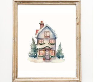 Winter Print | Watercolor Christmas Painting | PRINTABLE Wall Art | Festive Holiday Home Decor | Snowy Village Artwork Digital Print |