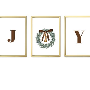 Impresión JOY, impresión navideña JOY, arte de pared imprimible navideño marrón, impresiones navideñas en acuarela, decoración navideña para el hogar, juego de 3 impresiones,