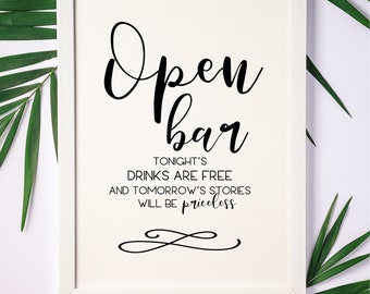 Open Bar Wedding Sign, Modern Calligraphy Alcohol Signage, Rustic Bar Reception Printable Decorations, DIY Drinks Sign, Instant Download