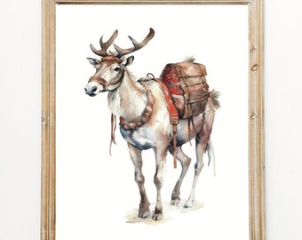 Vintage Christmas Reindeer Watercolor Wall Art | Neutral Holiday Decor PrintableWinter Print | Watercolor Christmas Painting | PRINTABLE