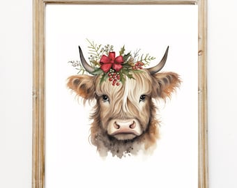 Highland Cow Christmas Print, Highland Cow Print, Girl Nursery Prints, Highland Cow winter Cow Print, Highland Cow,Christmas farmhouse decor