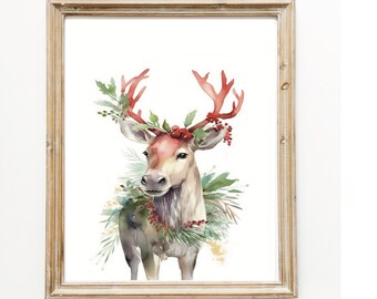 Vintage Christmas Reindeer Watercolor Wall Art | Neutral Holiday Decor PrintableWinter Print | Watercolor Christmas Painting | PRINTABLE