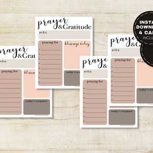 May include: Four printable 4x5 inch cards with a light brown and pink background. Each card has a section for notes, praying for, blessings today, and today's scripture. The cards have the text "prayer & Gratitude" at the top.