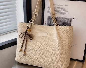 Elegante borsa a tracolla alla moda, spaziosa borsa da viaggio in paglia intrecciata