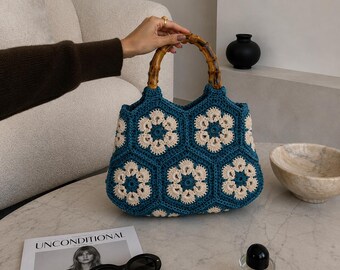 Handmade Crochet Granny Square Tote Bag with Bamboo-Style Handle