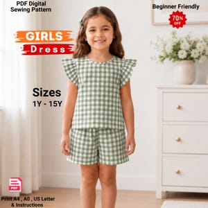 May include: A green and white gingham two-piece set consisting of a short-sleeved top with ruffled shoulders and matching shorts. Text on the image includes PDF Digital Sewing Pattern, Girls Dress, Sizes 1Y-15Y, Beginner Friendly, 70% OFF.