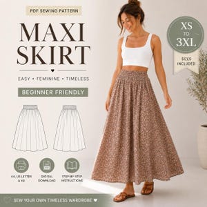 May include: A PDF sewing pattern for a maxi skirt featuring a brown floral print, an elasticized waistband, and a full-length silhouette. The digital file includes sizes XS to 3XL, with instructions for A4, US Letter, and A0 printing formats.