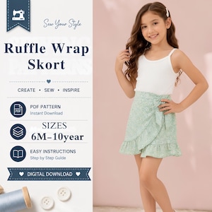 Ruffle Wrap Skort Sewing Pattern PDF, Girls Skirt Shorts Pattern, Instant Download, A4 A0 Letter, Sizes 6M-10Y