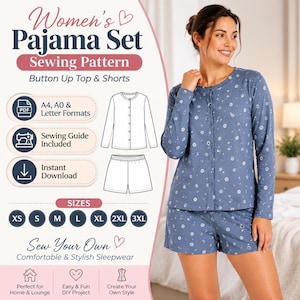 Mönster för pyjamasset för kvinnor | Topp och shorts med knappar i PDF-format | Mönster för nattkläder | Nedladdning direkt XS-3XL