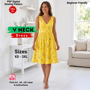 Patron de couture pour robe midi à col en V, robe d'été sans manches style cottagecore (téléchargement PDF)