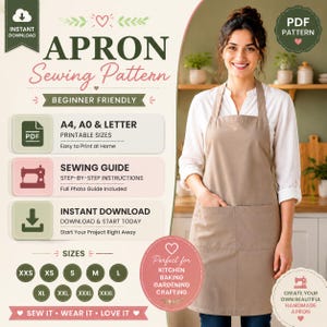 Pode incluir: Um molde de costura digital para avental, com o texto APRON Sewing Pattern, Beginner Friendly, A4, A0 & LETTER, Sewing Guide e Instant Download. A imagem mostra um avental bege com dois bolsos frontais usado sobre uma camisa branca.