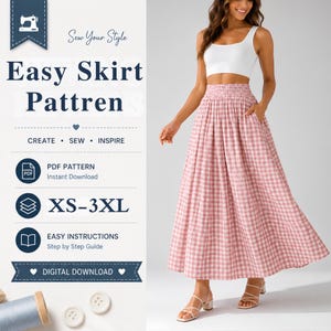 May include: A digital sewing pattern for a long, high-waisted skirt with a pink and white gingham check pattern. The text reads Easy Skirt Pattern, Sew Your Style, Create, Sew, Inspire, PDF Pattern, XS-3XL, Easy Instructions, and Digital Download.