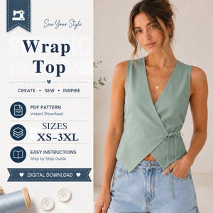 Könnte beinhalten: Ein ärmelloses Wickeloberteil in Salbeigrün mit V-Ausschnitt und seitlicher Bindung. Das Bild enthält den Text: Sew Your Style, Wrap Top, Create Sew Inspire, PDF Pattern Instant Download, Sizes XS-3XL, Easy Instructions, Digital Download.