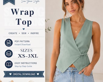 May include: A sage green sleeveless wrap top with a V-neckline and a side tie closure. The image includes text: Sew Your Style, Wrap Top, Create Sew Inspire, PDF Pattern Instant Download, Sizes XS-3XL, Easy Instructions, and Digital Download.