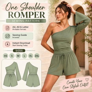 May include: A digital sewing pattern for a one-shoulder romper in olive green. The pattern includes A4, A0, and Letter printable formats, a sewing guide, and instant download options. Sizes range from XS to 2XL, featuring a long-sleeved top and shorts.