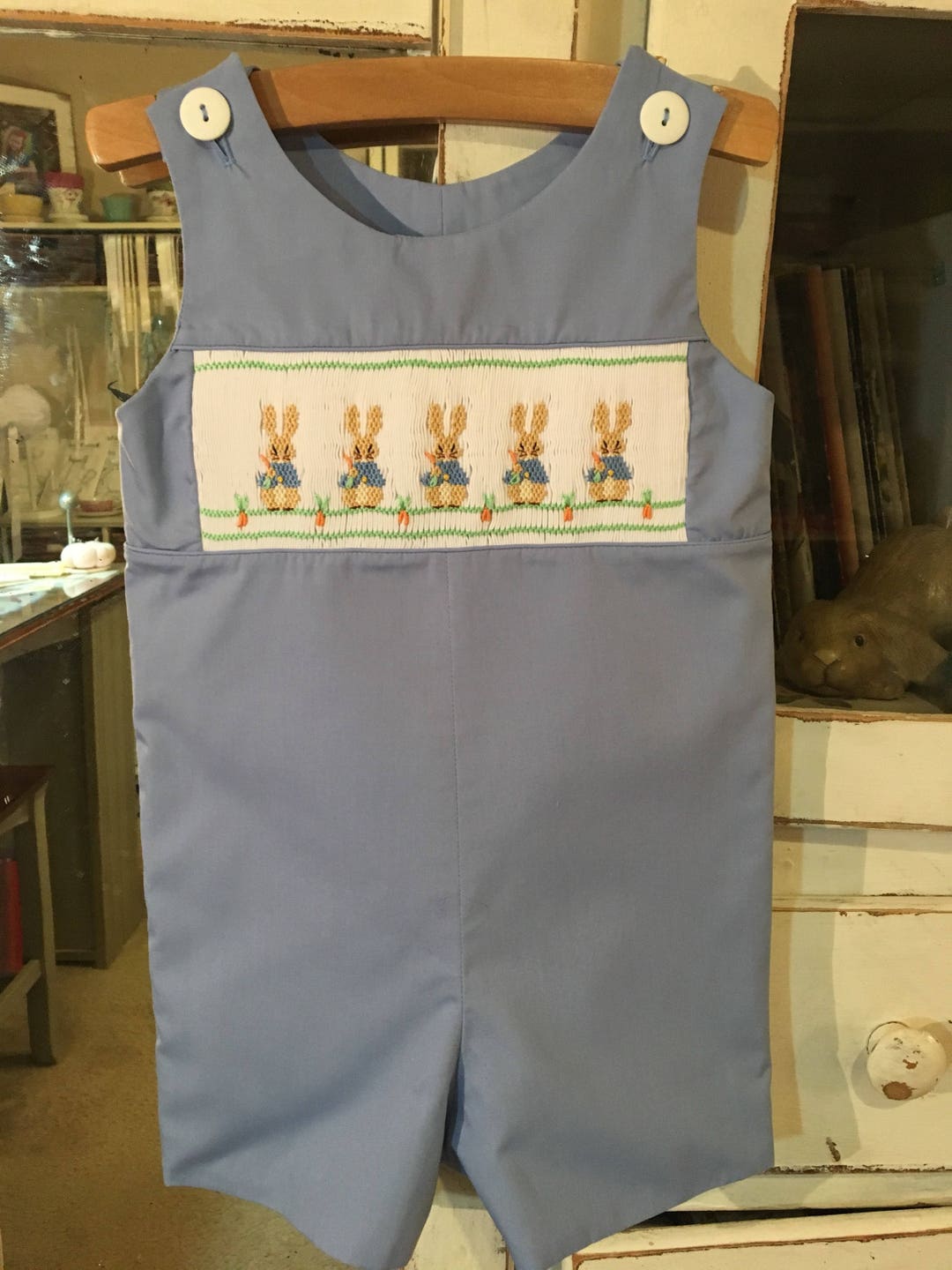 Petit Bebe Boys Blue Gingham Smocked Dump Trucks Jon Jon