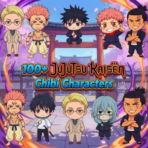 Puede incluir: Ilustración digital con múltiples personajes chibi de la serie de anime Jujutsu Kaisen. La imagen incluye el texto "100+ Jujutsu Kaisen Chibi Characters" y muestra varios personajes en un estilo de dibujos animados colorido.