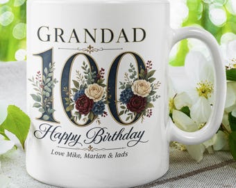 Personalised Grandad 100th Birthday Mug, Floral Centenarian Gift from Grandchildren