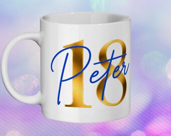 Personalised Milestone Birthday Mug for Him, Gold and Blue Custom Name Gift