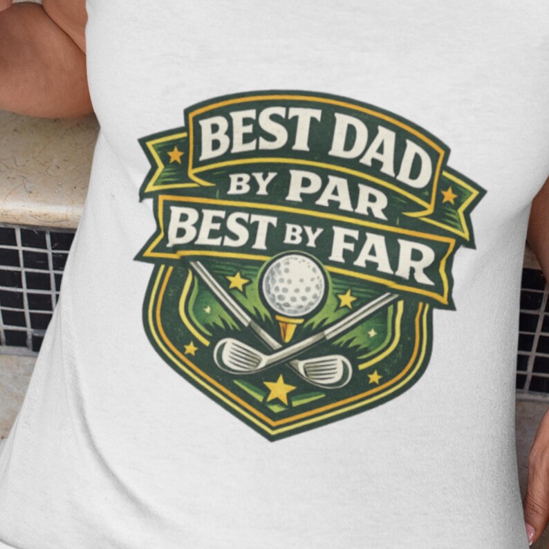 Green and cream golf badge design printed on white t-shirt