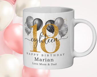 Personalised Milestone Birthday Mug for Her, Elegant Gold Balloon Name Gift