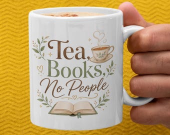お茶と本、人がいないマグカップ、本好きへのギフト、内向的な読書用マグカップ