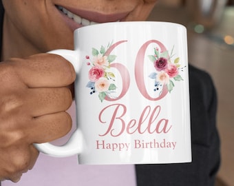 Personalised Birthday Mug for Her, Floral Name Gift, Elegant Milestone Birthday Keepsake